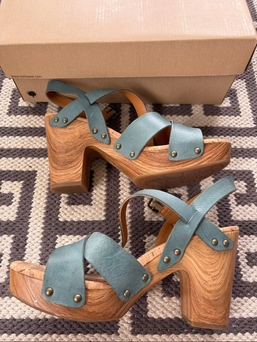 Kork-Ease Drew Teal Leather Cork Cross-Strap Wedge Sandals - Picture 3 of 6